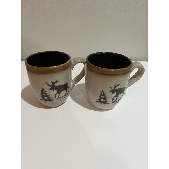 Woodland Home Studio‎ Moose Design Cream Brown Coffee Mugs Set of 2 Stoneware - Picture 1 of 8